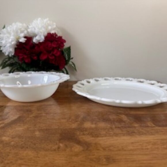 Vintage Milk Glass‎ Lace Edge Bowl Platter Set Westmoreland Style Open Loop Rim - Picture 6 of 6